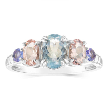 Sterling Silver 2.25Cts Aquamarine, 2 Morganite & 2 Tanzanite Stone Fancy Ring