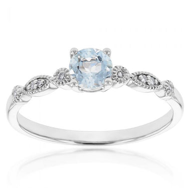 9ct White Gold 5mm Round Cut 0.45ct Aquamarine and Diamond Ring