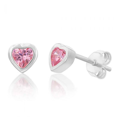 Sterling Silver Pink Cubic Zirconia Heart Stud Earrings