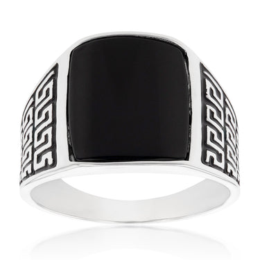 Sterling Silver Black Square With Greek Pattern Gents Ring