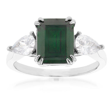 Sterling Silver Rhodium Plated Green And White Cubic Zirconia Emerald Cut Ring