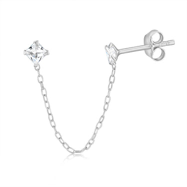 Sterling Silver Zirconia Double Stud With Chain One Earring Only