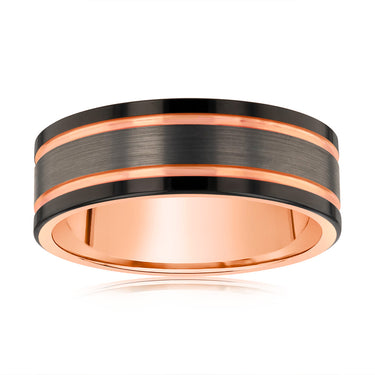 Grey And Black Strips 8mm Wide Rose Gold Tungsten Ring